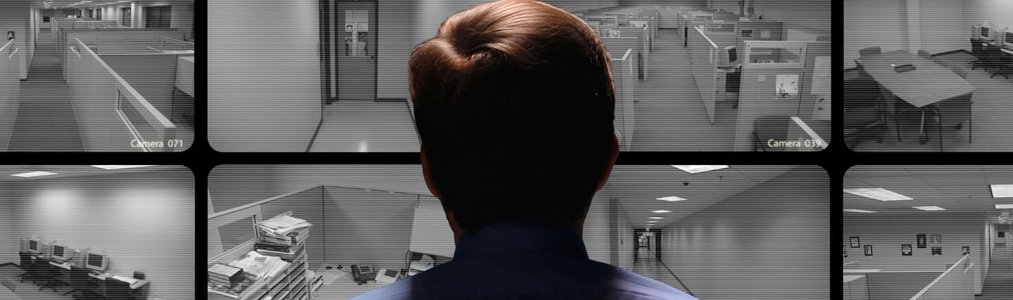 Security guard conducting surveillance by watching several security monitors